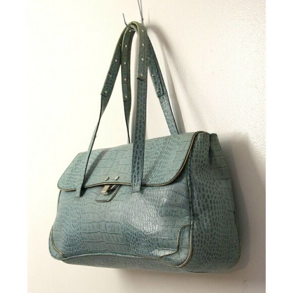 HILFIGER LIGHT BLUE AQUA CROCO PRINT GENUINE LEATHER TOTE SHOULDER BAG HANDBAG - Picture 2 of 8